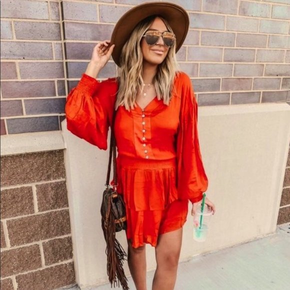 Vici Dresses & Skirts - Vici Sundown Smocked Tiered Long sleeve Dress Burnt Orange